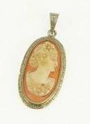 14K White Gold Victorian Carved Shell Cameo Lady Oval Pendant