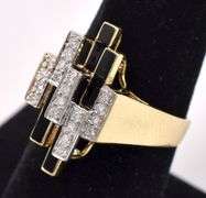 Unique Black Onyx and Diamond Ring in 14K Yellow Gold