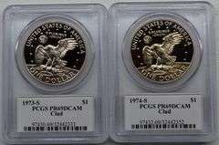 1973-S & 1974-S PCGS PR69 DCAM Clad Eisenhower $1 Proof Dollars (lot of two)