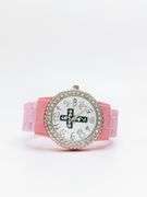 Fancy Pink Geneva Watch w/ Cross Graphic and Gemstones