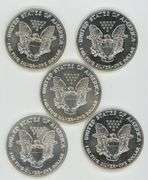 5 Diff. better date Gem BU $1 American Silver Eagles 1987 to 1993