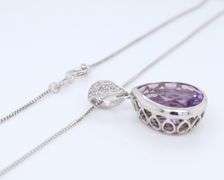 Pear Shaped Bezel Amethyst with Diamonds Pendant on Sterling Silver Chain
