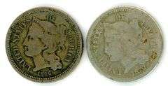 2 Three Cent Nickel Pieces: 1866 and 1870