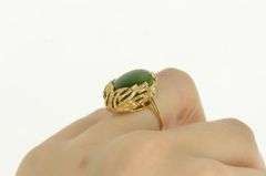 14K Yellow Gold Oval Nephrite Cabochon Ornate Leaf Vine Ring