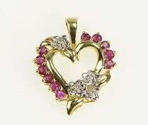 10K Yellow Gold Natural Ruby Diamond Floral Heart Classic Pendant