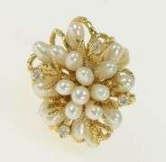 14K Yellow Gold 1960's Pearl Diamond Cluster Vintage Floral Ring