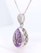 Pear Shaped Bezel Amethyst with Diamonds Pendant on Sterling Silver Chain