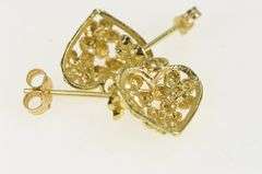 14K Yellow Gold Flower Pattern Heart Love Symbol Dangle Earrings