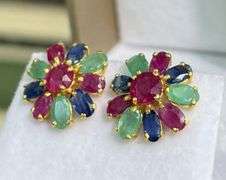 14KT SOLID YELLOW GOLD, RUBY, EMERALD, AND BLUE SAPPHIRE FLOWER EARRINGS