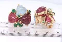 Charming Yellow Gold Heart Cab Ruby & Aquamarine and Emerald Art Deco Clip on Earrings
