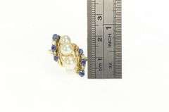 14K Yellow Gold Pearl Sapphire Diamond Vintage Cluster Bypass Ring