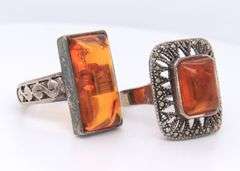Lot of 2 Vintage 925 Sterling Silver Amber Rings