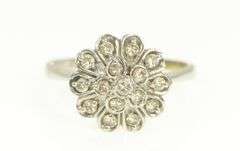 14K White Gold 1950's Floral Diamond Halo Cluster Cocktail Ring