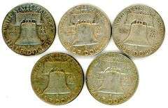 5 Mintmarked Franklin Silver Half Dollars: 1949-S-1961-D