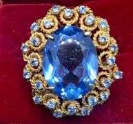 GORGEOUS VINTAGE 14K YELLOW GOLD RING WITH LARGE OVAL AND SKY BLUE STONES