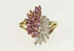 10K Yellow Gold Marquise Ruby Diamond Freeform Cluster Ring