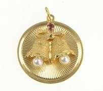 14K Yellow Gold 1960's Wedding Bell Pearl Ruby Marriage Charm/Pendant
