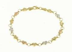 14K Yellow Gold Tri Tone Puffy Heart Link Vintage Tennis Bracelet