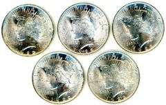 5 Peace Silver Dollars from 1922