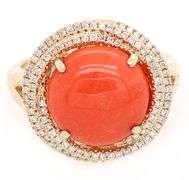 Round Coral Cabochon and 0.35ctw Diamond Swirl Halo Ring in 14K