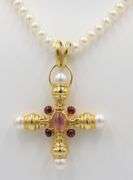 Garnet and Pearl Cross Pendant on Pearl Chain Necklace