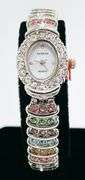 Ladies Geneva & Gemstone Watch, 18kt White Gold Plated