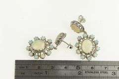 14K White Gold Ornate Classic Oval Natural Opal Halo Dangle Earrings