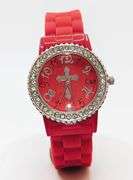 Fancy Pink Geneva Watch w/ Cross Graphic and Gemstones