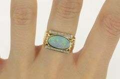 14K Yellow Gold Oval Opal Diamond Squared Vintage Statement Ring