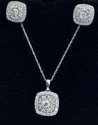 TIMELESS 10K WHITE GOLD MULTI DIAMOND CUSHION PENDANT NECKLACE AND STUD EARRINGS SET