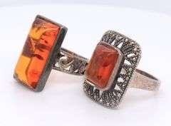 Lot of 2 Vintage 925 Sterling Silver Amber Rings