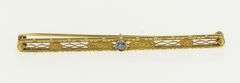 14K Yellow Gold Art Deco Blue Topaz Filigree Ornate Bar Pin/Brooch