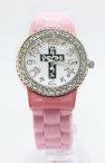 Fancy Pink Geneva Watch w/ Cross Graphic and Gemstones