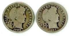 2 Different 'O' Mint Barber Dimes: 1900-O & 1905-O