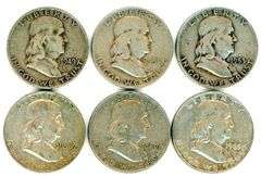 6 Different Silver Franklin Half Dollars