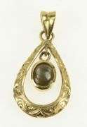 14K Yellow Gold Black Cat's Eye Engraved Tear Drop Dangle Pendant