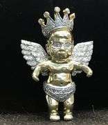 GORGEOUS 10K YELLOW GOLD CROWNED ANGEL PENDANT
