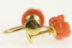 14K Yellow Gold Carved Coral Rose Flower Vintage Screw Back Earrings