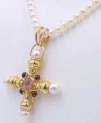 Garnet and Pearl Cross Pendant on Pearl Chain Necklace
