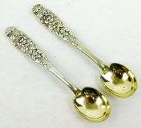 Pair Signed Sterling Silver Repousse Antique Salt Spoons