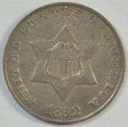 Choice AU 1852 Three Cent Silver Piece. Original