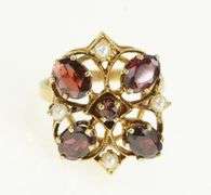 14K Yellow Gold Victorian Garnet Pearl Accent Vintage Cocktail Ring