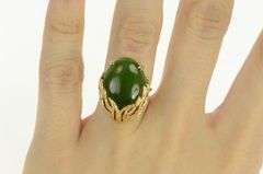 14K Yellow Gold Oval Nephrite Cabochon Ornate Leaf Vine Ring