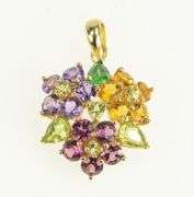 14K Yellow Gold Peridot Amethyst Flower Cluster Statement Pendant