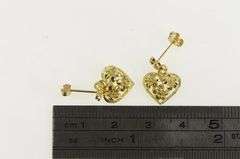 14K Yellow Gold Flower Pattern Heart Love Symbol Dangle Earrings