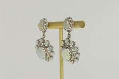 14K White Gold Ornate Classic Oval Natural Opal Halo Dangle Earrings