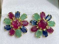 14KT SOLID YELLOW GOLD, RUBY, EMERALD, AND BLUE SAPPHIRE FLOWER EARRINGS