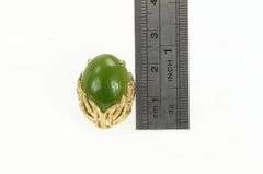 14K Yellow Gold Oval Nephrite Cabochon Ornate Leaf Vine Ring