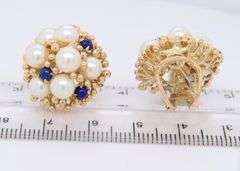 Wonderful Yellow Gold Pearl and Lapis Cluster Earrings