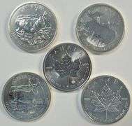 5 Assorted pure .999 fine silver 1 oz Canada Maple Leafs